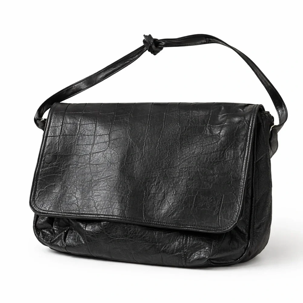 Carlos Falchi Black Croc Embossed Leather Messenger Shoulder Bag Y2K Purse